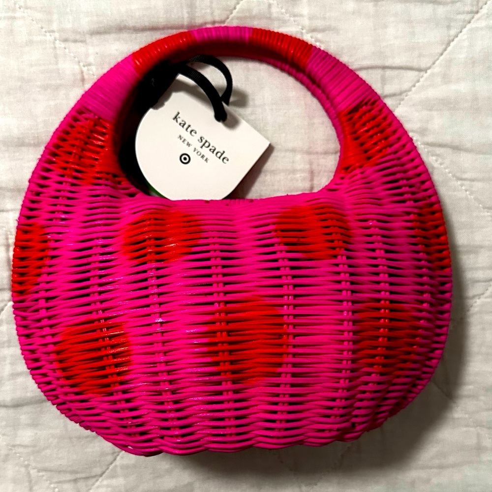 Kate Spade Wicker Pink and Red Polka Dot Crescent Purse Bag